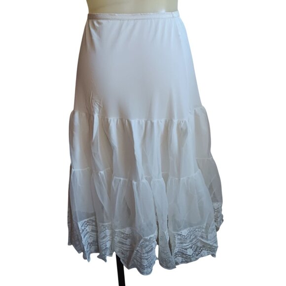 Women's Small Vintage Skirt 1970's White Tiered Chiffon Lace Trimmed - Picture 2 of 7